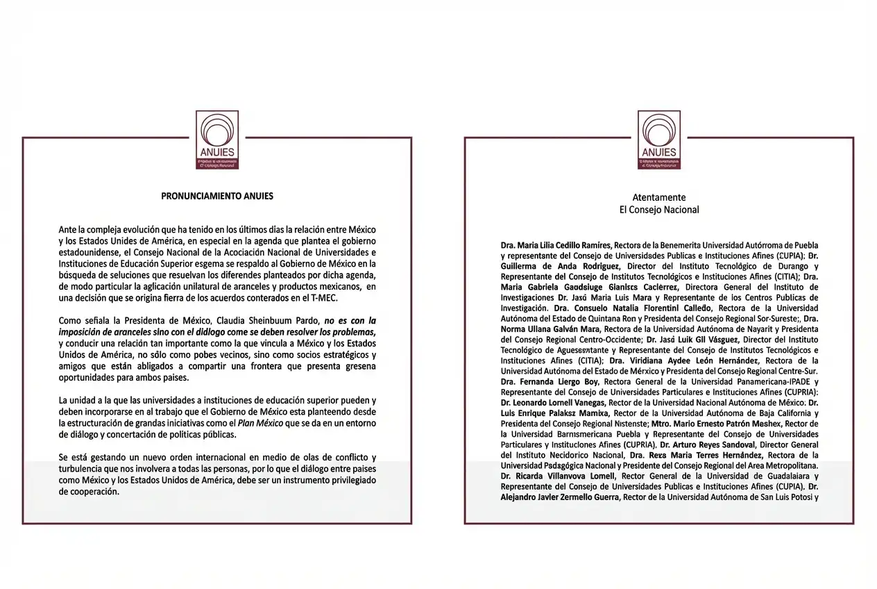 Pronunciamiento del Consejo Nacional de la Asociación Nacional de Universidades e Instituciones de Educación Superior ANUIES en apoyo al Gobierno de México